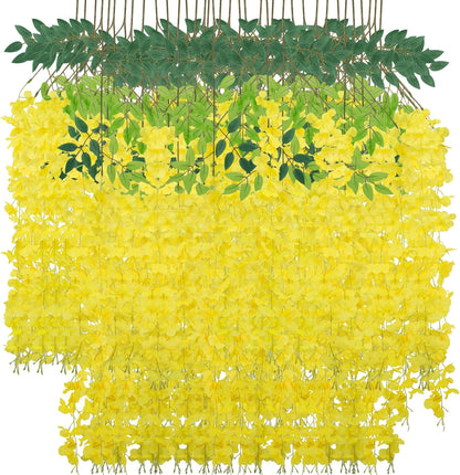 Wisteria Hanging Flowers 12 Pack Wisteria Artificial Flowers Fake Silk Flowers String Vine Ratta Hanging Garland for Home Garden Party Wedding Backdrop Arch Decor (Yellow)