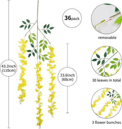 Wisteria Hanging Flowers 12 Pack Wisteria Artificial Flowers Fake Silk Flowers String Vine Ratta Hanging Garland for Home Garden Party Wedding Backdrop Arch Decor (Yellow)
