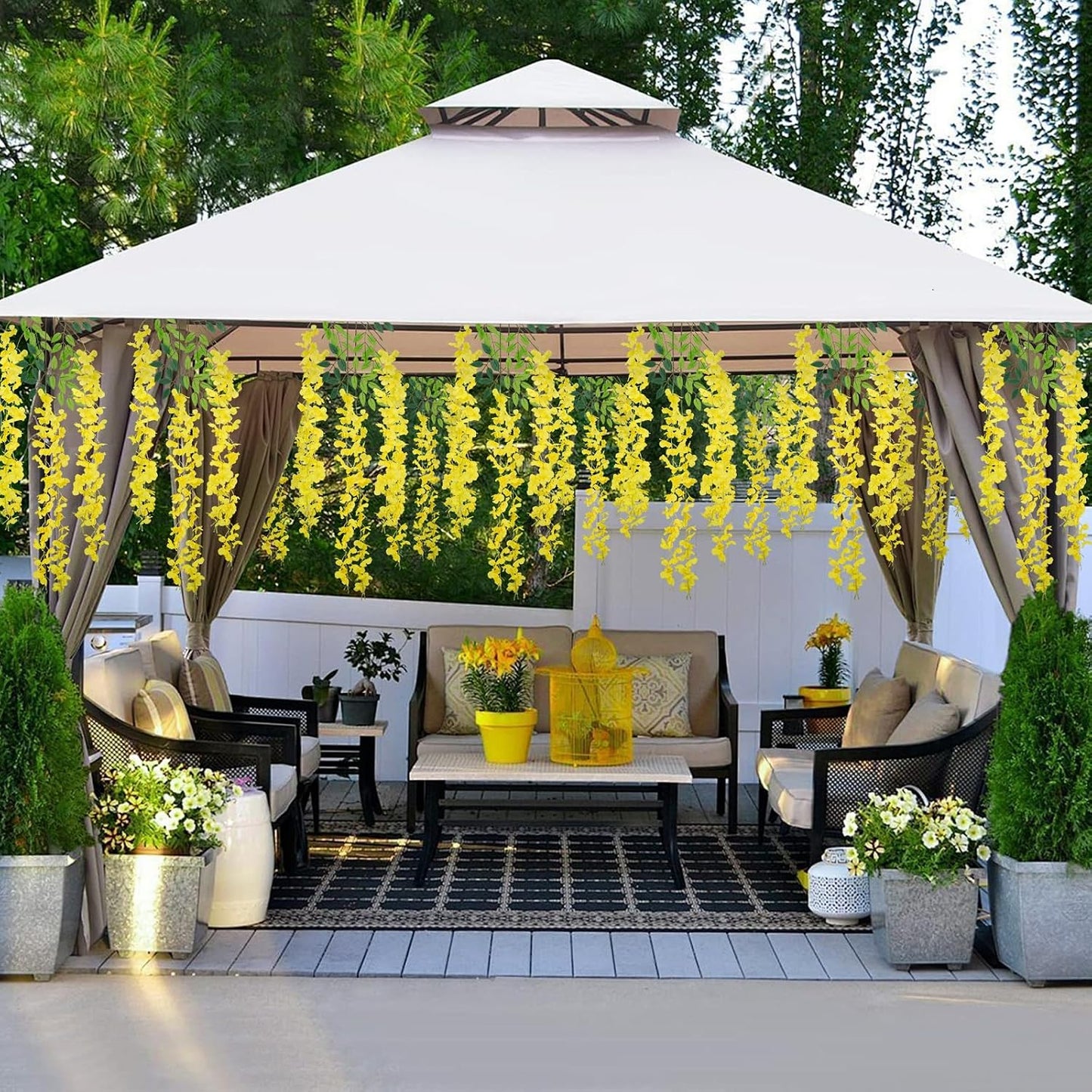 Wisteria Hanging Flowers 12 Pack Wisteria Artificial Flowers Fake Silk Flowers String Vine Ratta Hanging Garland for Home Garden Party Wedding Backdrop Arch Decor (Yellow)