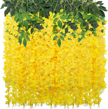 Wisteria Hanging Flowers 12 Pack Wisteria Artificial Flowers Fake Silk Flowers String Vine Ratta Hanging Garland for Home Garden Party Wedding Backdrop Arch Decor (Yellow)