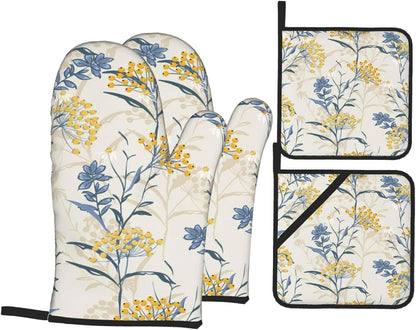 Autumn Yellow Berries and Leaves Fall Colorful Floral On Light Beige Heat Resistant Oven Mitts and Pot Holders Set of 4-500°f Protection Utensil Pocket for Grilling, Baking, Cooking