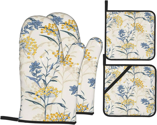Autumn Yellow Berries and Leaves Fall Colorful Floral On Light Beige Heat Resistant Oven Mitts and Pot Holders Set of 4-500°f Protection Utensil Pocket for Grilling, Baking, Cooking