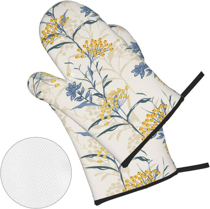 Autumn Yellow Berries and Leaves Fall Colorful Floral On Light Beige Heat Resistant Oven Mitts and Pot Holders Set of 4-500°f Protection Utensil Pocket for Grilling, Baking, Cooking