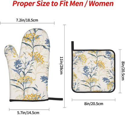 Autumn Yellow Berries and Leaves Fall Colorful Floral On Light Beige Heat Resistant Oven Mitts and Pot Holders Set of 4-500°f Protection Utensil Pocket for Grilling, Baking, Cooking