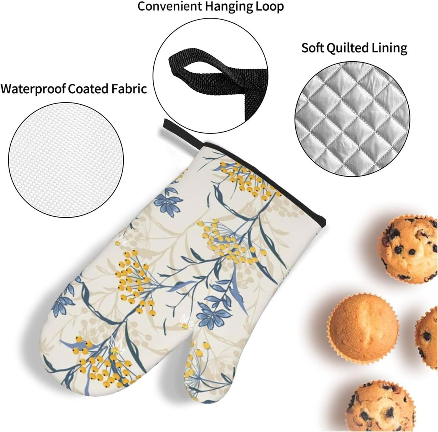 Autumn Yellow Berries and Leaves Fall Colorful Floral On Light Beige Heat Resistant Oven Mitts and Pot Holders Set of 4-500°f Protection Utensil Pocket for Grilling, Baking, Cooking