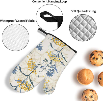 Autumn Yellow Berries and Leaves Fall Colorful Floral On Light Beige Heat Resistant Oven Mitts and Pot Holders Set of 4-500°f Protection Utensil Pocket for Grilling, Baking, Cooking