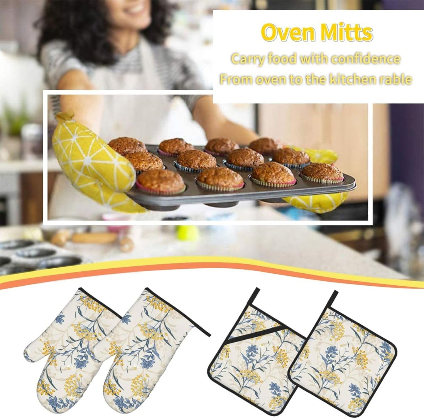 Autumn Yellow Berries and Leaves Fall Colorful Floral On Light Beige Heat Resistant Oven Mitts and Pot Holders Set of 4-500°f Protection Utensil Pocket for Grilling, Baking, Cooking