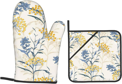Autumn Yellow Berries and Leaves Fall Colorful Floral On Light Beige Heat Resistant Oven Mitts and Pot Holders Set of 4-500°f Protection Utensil Pocket for Grilling, Baking, Cooking