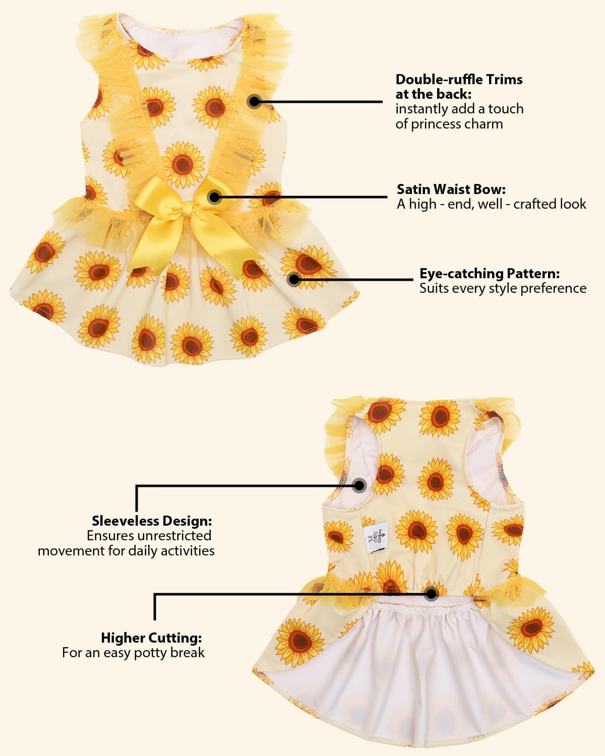 Sunflower Pet Dress for Small Dogs, Cats - Yellow Tulle Ruffle Sleeves - Satin Bow - Summer Garden, Photo Dress