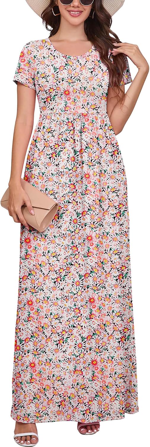 Maxi Dress for Women Short Sleeve Casual Summer Loose Plain Comfy Long Dresses with Pockets