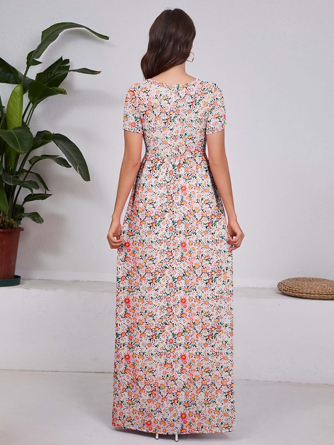 Maxi Dress for Women Short Sleeve Casual Summer Loose Plain Comfy Long Dresses with Pockets