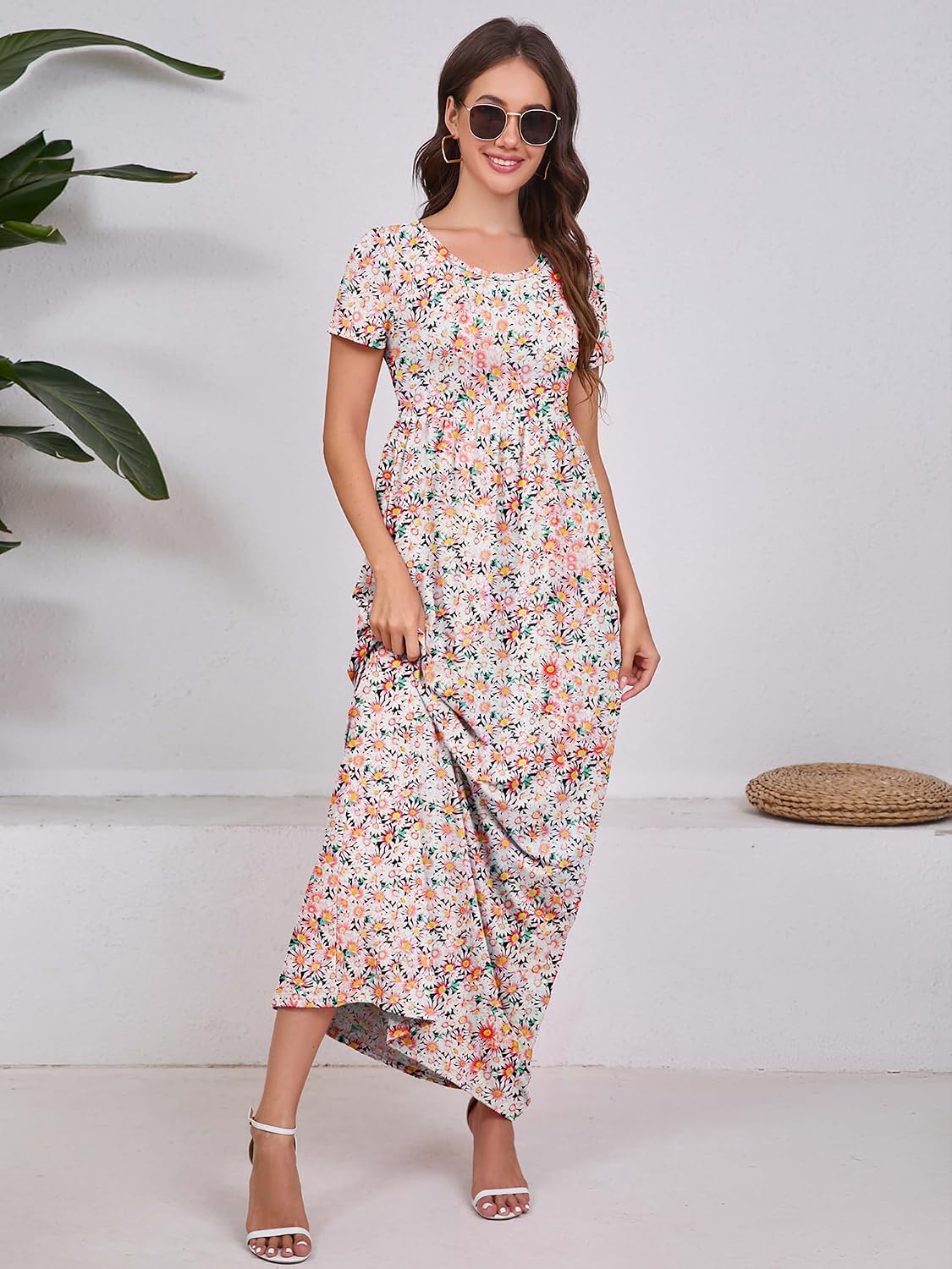 Maxi Dress for Women Short Sleeve Casual Summer Loose Plain Comfy Long Dresses with Pockets