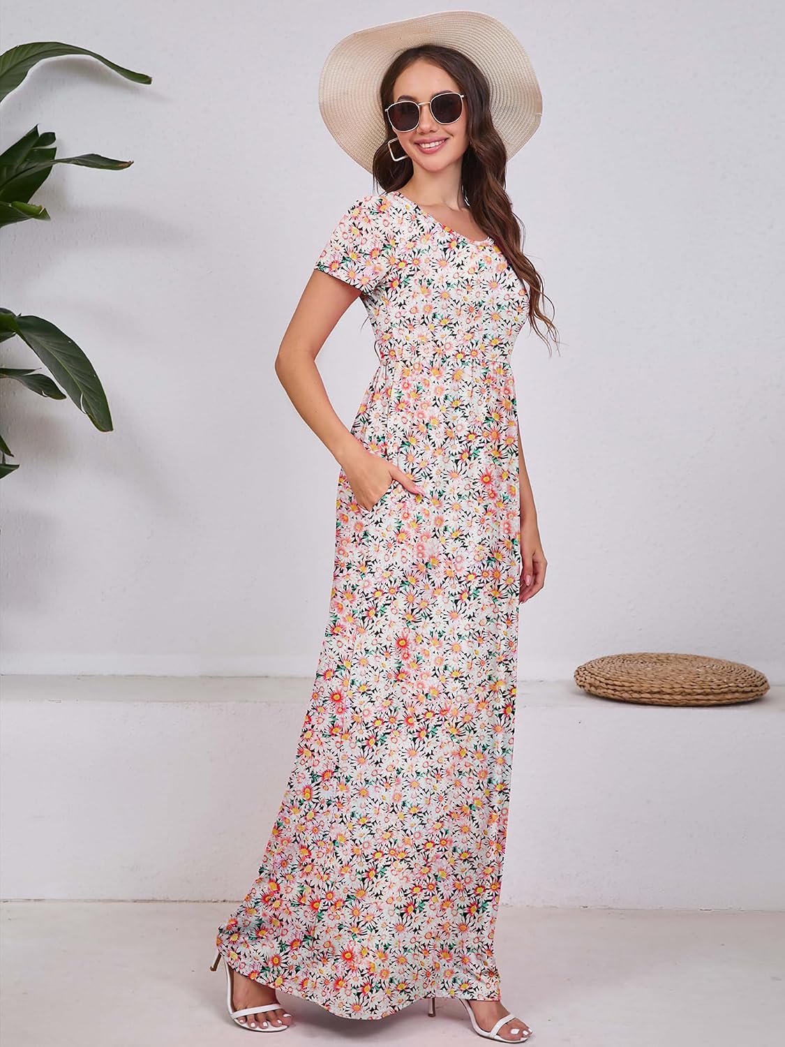 Maxi Dress for Women Short Sleeve Casual Summer Loose Plain Comfy Long Dresses with Pockets