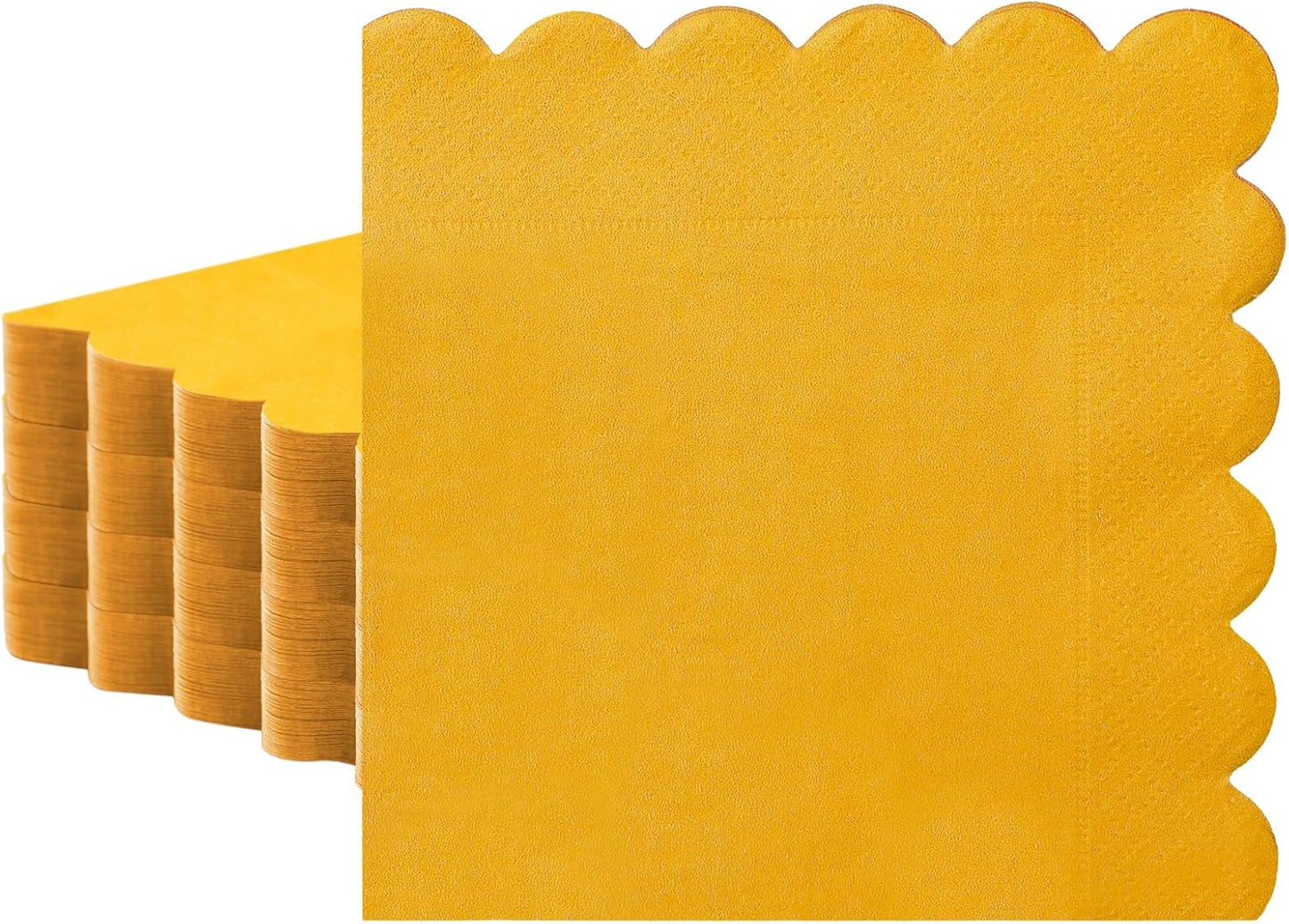 100 Pcs Scalloped Cocktail Napkins Thick Paper Disposable Party Napkins Beverage Tissue for Wedding Dinner Birthday Supplies, 5 x 5 Inches(Mustard)