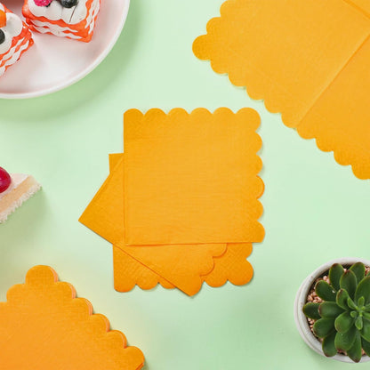 100 Pcs Scalloped Cocktail Napkins Thick Paper Disposable Party Napkins Beverage Tissue for Wedding Dinner Birthday Supplies, 5 x 5 Inches(Mustard)