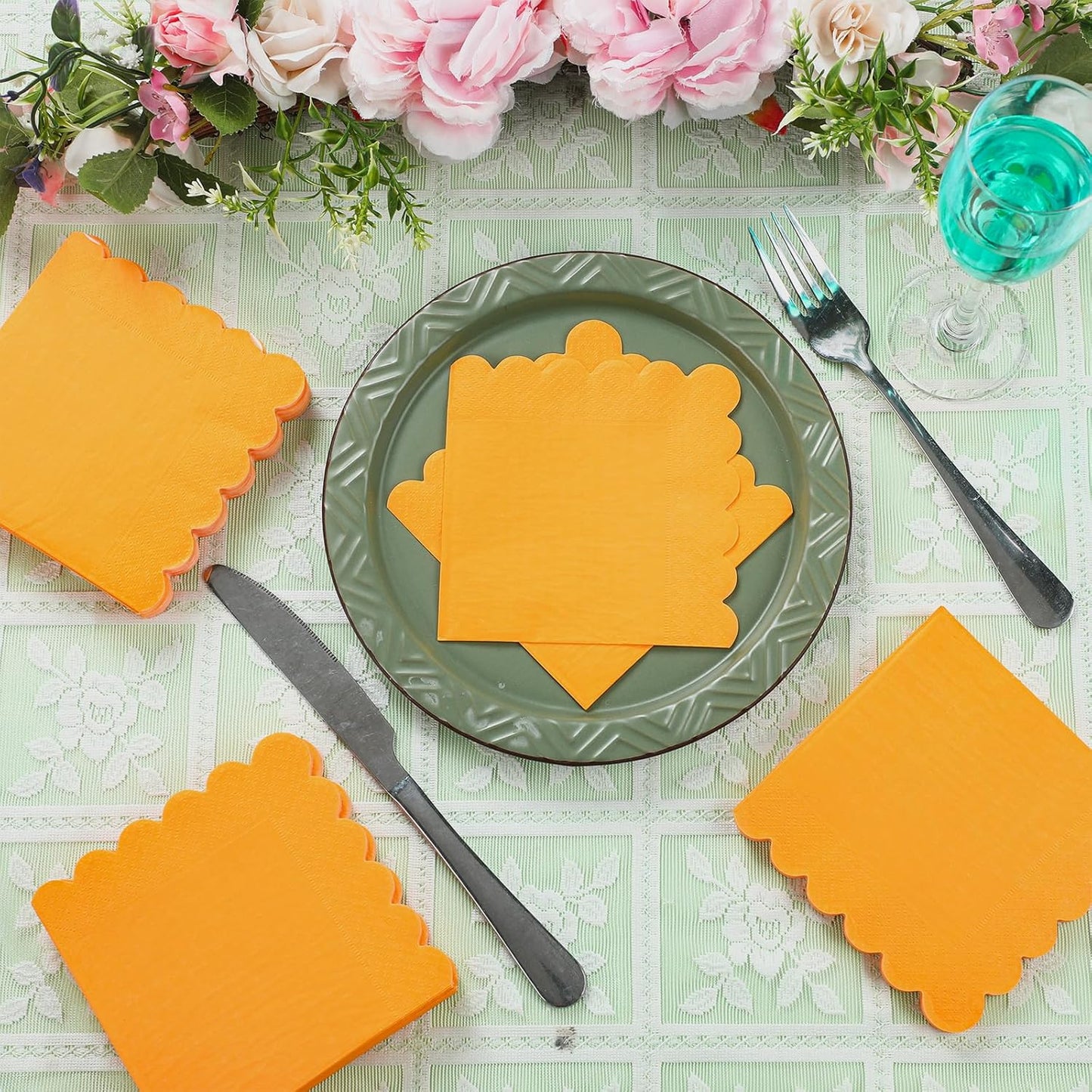 100 Pcs Scalloped Cocktail Napkins Thick Paper Disposable Party Napkins Beverage Tissue for Wedding Dinner Birthday Supplies, 5 x 5 Inches(Mustard)
