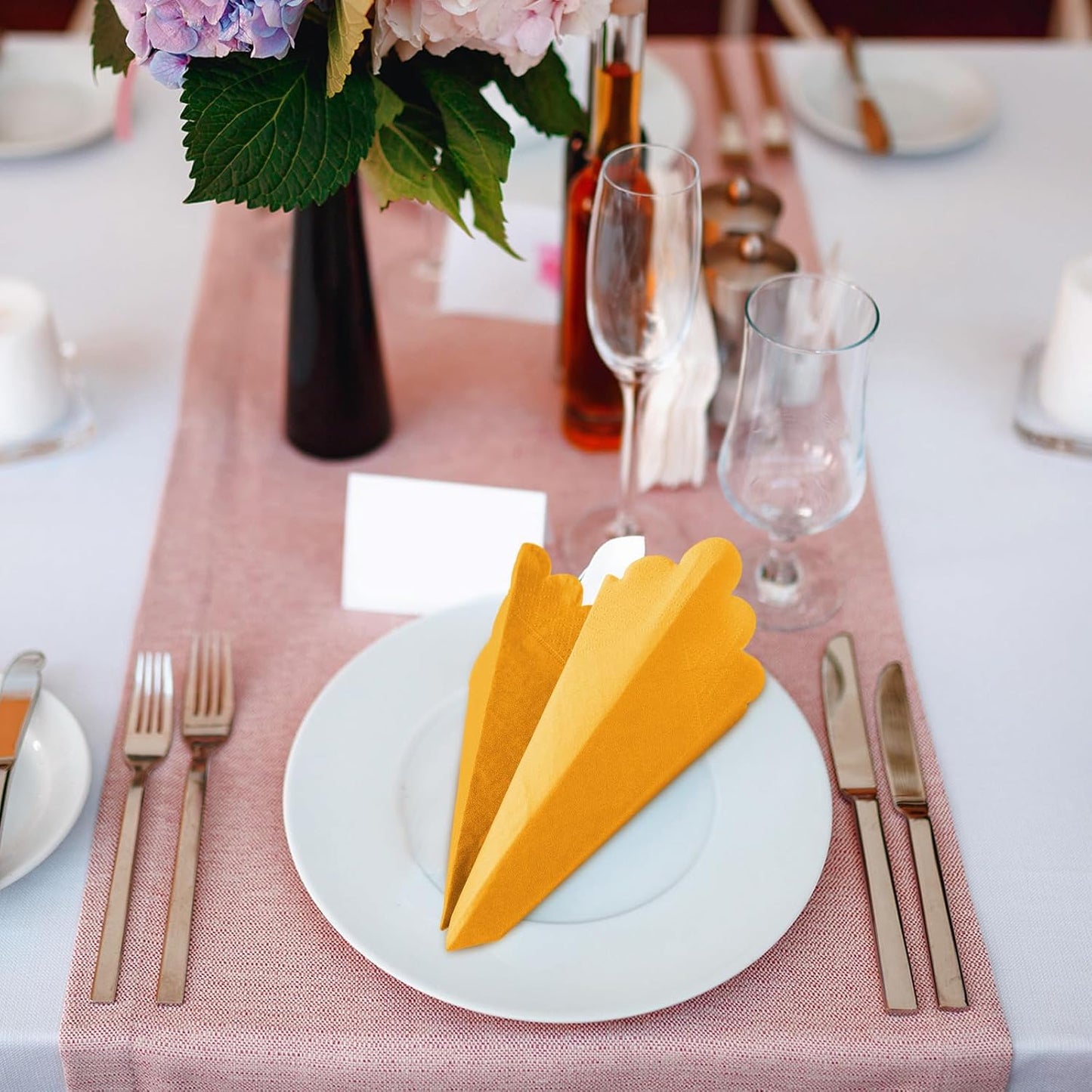 100 Pcs Scalloped Cocktail Napkins Thick Paper Disposable Party Napkins Beverage Tissue for Wedding Dinner Birthday Supplies, 5 x 5 Inches(Mustard)