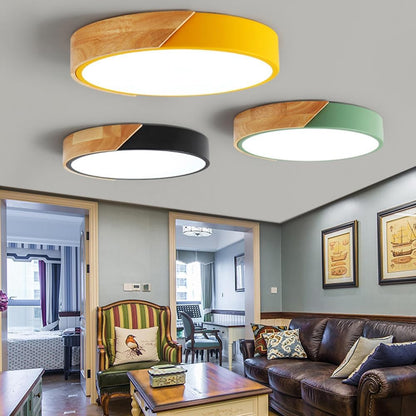 LED Ceiling Light Fixture,10 Inch Modern Wood Recessed Ceiling Lights,Dimmable Light,Yellow 12W Close to Lighting Flush Mount Living Room Bedroom,3000K-6000K