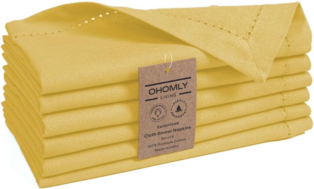 100% Cotton Solid Cloth Dinner Napkins - 18x18 inch with Hemstitch & Mitered Corners - Soft, Reusable & Washable for Everyday Use & Special Occasions Christmas - Set of 6 Napkins Yellow