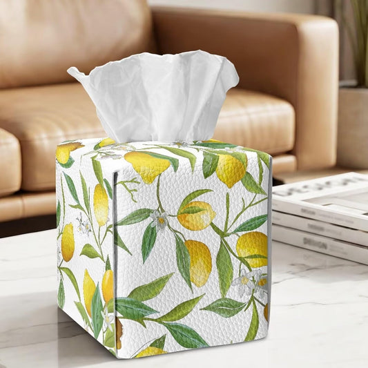 Fresh Lemon Leaf PU Leather Tissue Box Cover with Metal Closure Waterproof Scratch-Proof Square Tissue Box Holder for Kitchen Bathroom