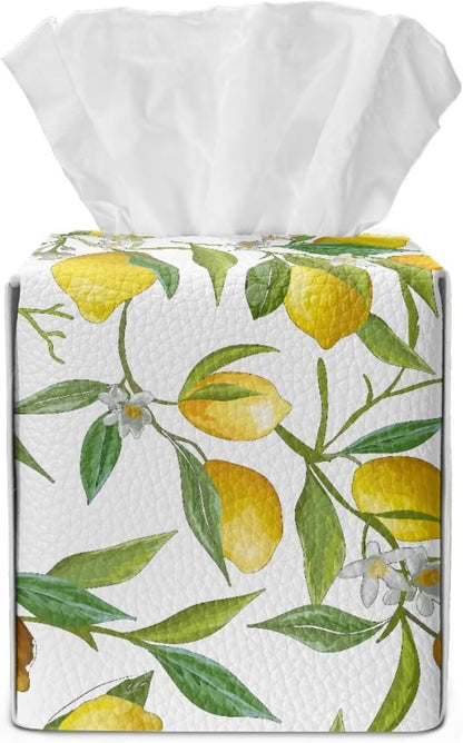 Fresh Lemon Leaf PU Leather Tissue Box Cover with Metal Closure Waterproof Scratch-Proof Square Tissue Box Holder for Kitchen Bathroom