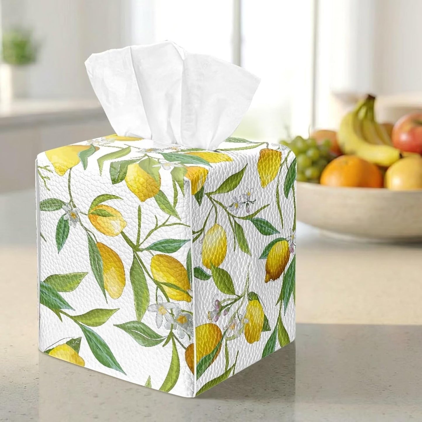 Fresh Lemon Leaf PU Leather Tissue Box Cover with Metal Closure Waterproof Scratch-Proof Square Tissue Box Holder for Kitchen Bathroom