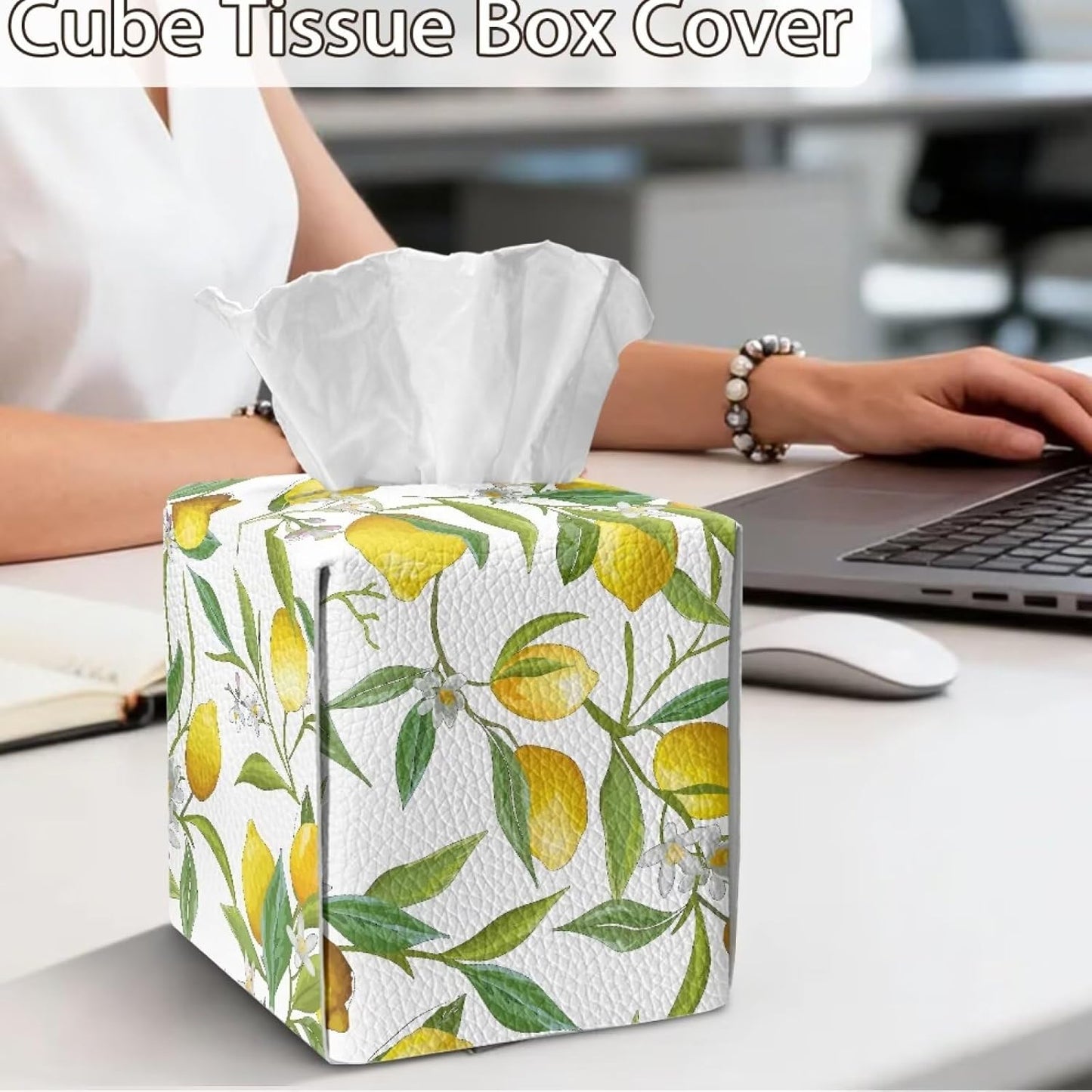Fresh Lemon Leaf PU Leather Tissue Box Cover with Metal Closure Waterproof Scratch-Proof Square Tissue Box Holder for Kitchen Bathroom