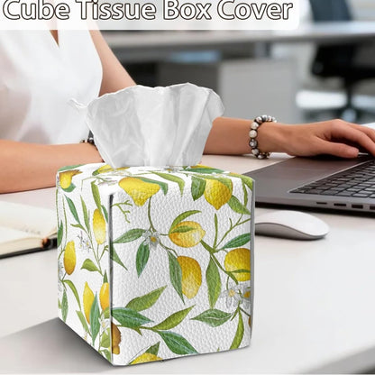 Fresh Lemon Leaf PU Leather Tissue Box Cover with Metal Closure Waterproof Scratch-Proof Square Tissue Box Holder for Kitchen Bathroom