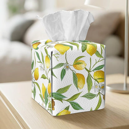 Fresh Lemon Leaf PU Leather Tissue Box Cover with Metal Closure Waterproof Scratch-Proof Square Tissue Box Holder for Kitchen Bathroom