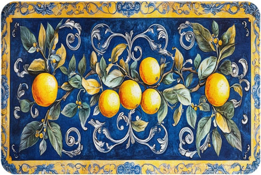 Fruit Rug, Blue Print Background with Lemons, Indoor Living Room Entrance Floor Decorative Doormat, dust Removal, Non-Slip, Easy to Clean 16x24 inches Absorbent, Flannel floormat
