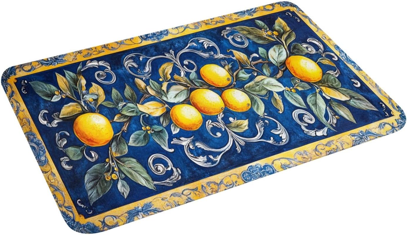 Fruit Rug, Blue Print Background with Lemons, Indoor Living Room Entrance Floor Decorative Doormat, dust Removal, Non-Slip, Easy to Clean 16x24 inches Absorbent, Flannel floormat