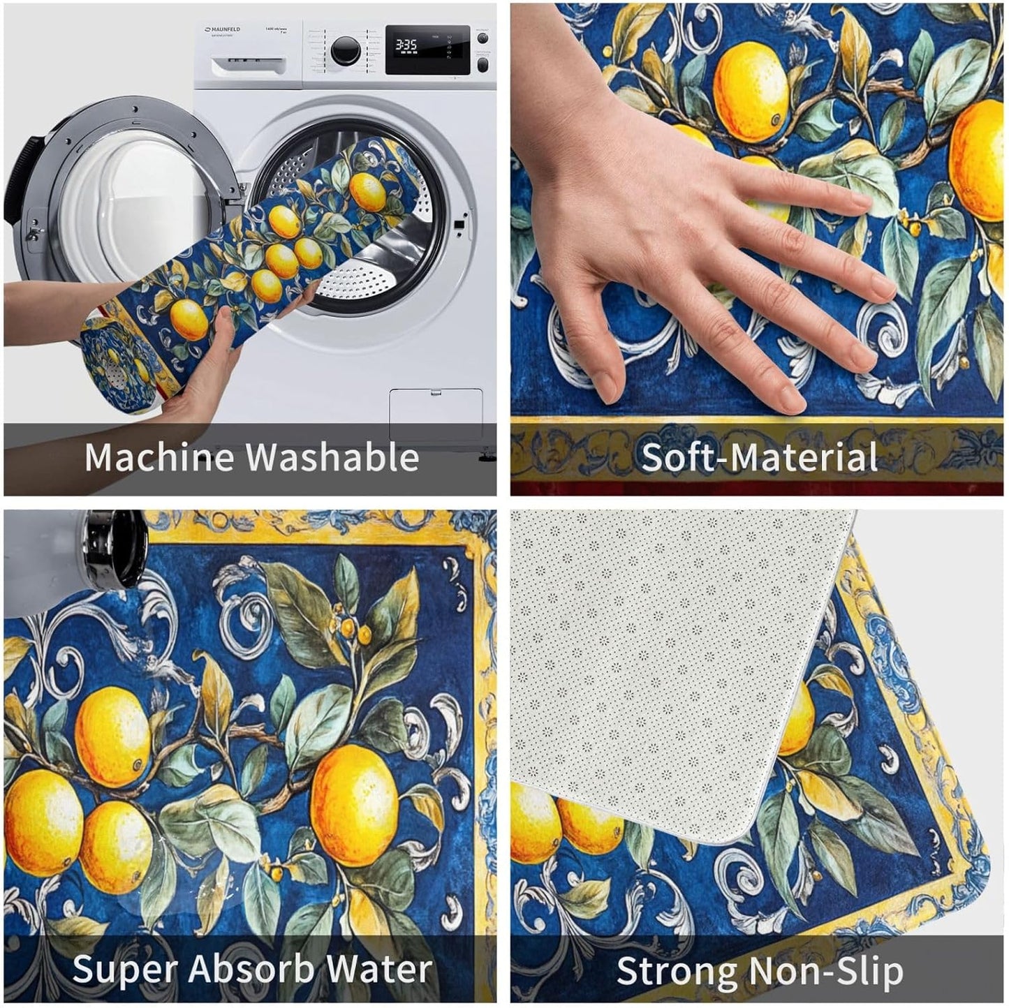 Fruit Rug, Blue Print Background with Lemons, Indoor Living Room Entrance Floor Decorative Doormat, dust Removal, Non-Slip, Easy to Clean 16x24 inches Absorbent, Flannel floormat