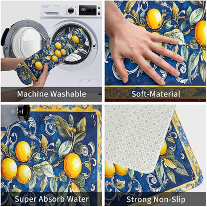 Fruit Rug, Blue Print Background with Lemons, Indoor Living Room Entrance Floor Decorative Doormat, dust Removal, Non-Slip, Easy to Clean 16x24 inches Absorbent, Flannel floormat