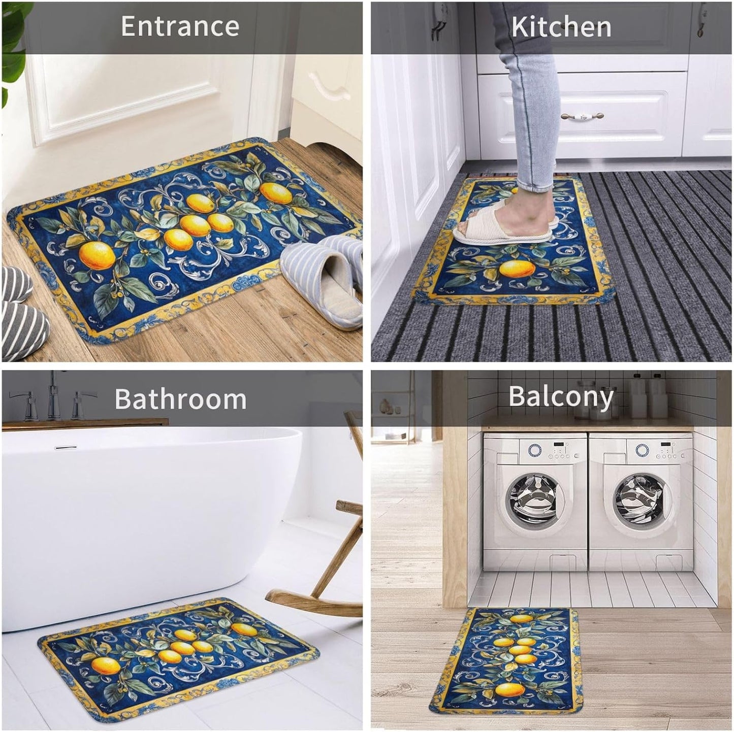 Fruit Rug, Blue Print Background with Lemons, Indoor Living Room Entrance Floor Decorative Doormat, dust Removal, Non-Slip, Easy to Clean 16x24 inches Absorbent, Flannel floormat