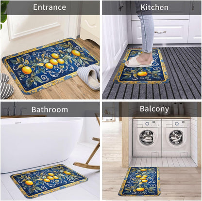 Fruit Rug, Blue Print Background with Lemons, Indoor Living Room Entrance Floor Decorative Doormat, dust Removal, Non-Slip, Easy to Clean 16x24 inches Absorbent, Flannel floormat