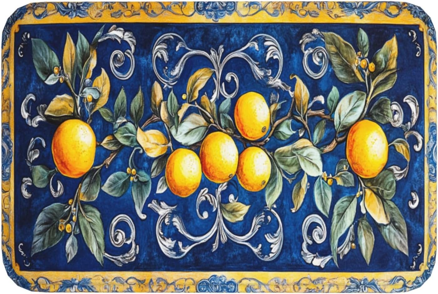 Fruit Rug, Blue Print Background with Lemons, Indoor Living Room Entrance Floor Decorative Doormat, dust Removal, Non-Slip, Easy to Clean 16x24 inches Absorbent, Flannel floormat