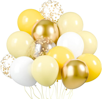 Yellow White Gold Confetti Balloons 60 Pack 12 inch | Pastel Yellow Latex Party Balloon for Sunflower Honeybee Theme, Birthday, Baby Shower, Wedding Decorations