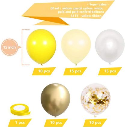 Yellow White Gold Confetti Balloons 60 Pack 12 inch | Pastel Yellow Latex Party Balloon for Sunflower Honeybee Theme, Birthday, Baby Shower, Wedding Decorations