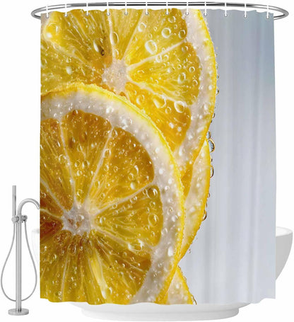 Yellow Lemons Waterproof Shower Curtains Set - Stall Shower Curtain 48 x 72 Inch, Summer Bubble Lemon Slices Fruit Fabric Bathroom Curtain with 12 Hooks, Bathroom Accessories