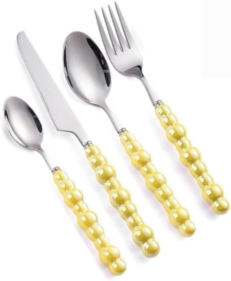 Pearl Ceramic Handle Kitchen Stainless Steel Silverware Tableware Flatware Cutlery Set Creative Hotel Home Steak Knife Dessert Spoon (Yellow,4 pieces)