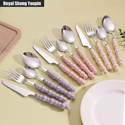 Pearl Ceramic Handle Kitchen Stainless Steel Silverware Tableware Flatware Cutlery Set Creative Hotel Home Steak Knife Dessert Spoon (Yellow,4 pieces)