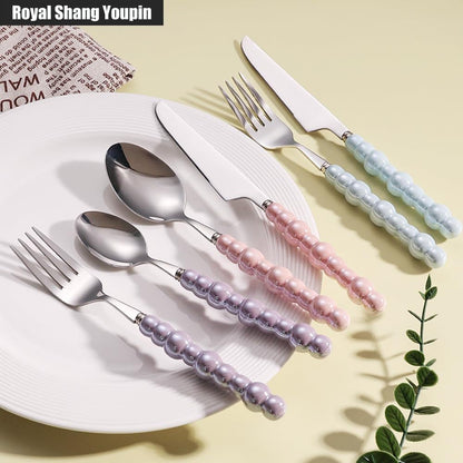 Pearl Ceramic Handle Kitchen Stainless Steel Silverware Tableware Flatware Cutlery Set Creative Hotel Home Steak Knife Dessert Spoon (Yellow,4 pieces)