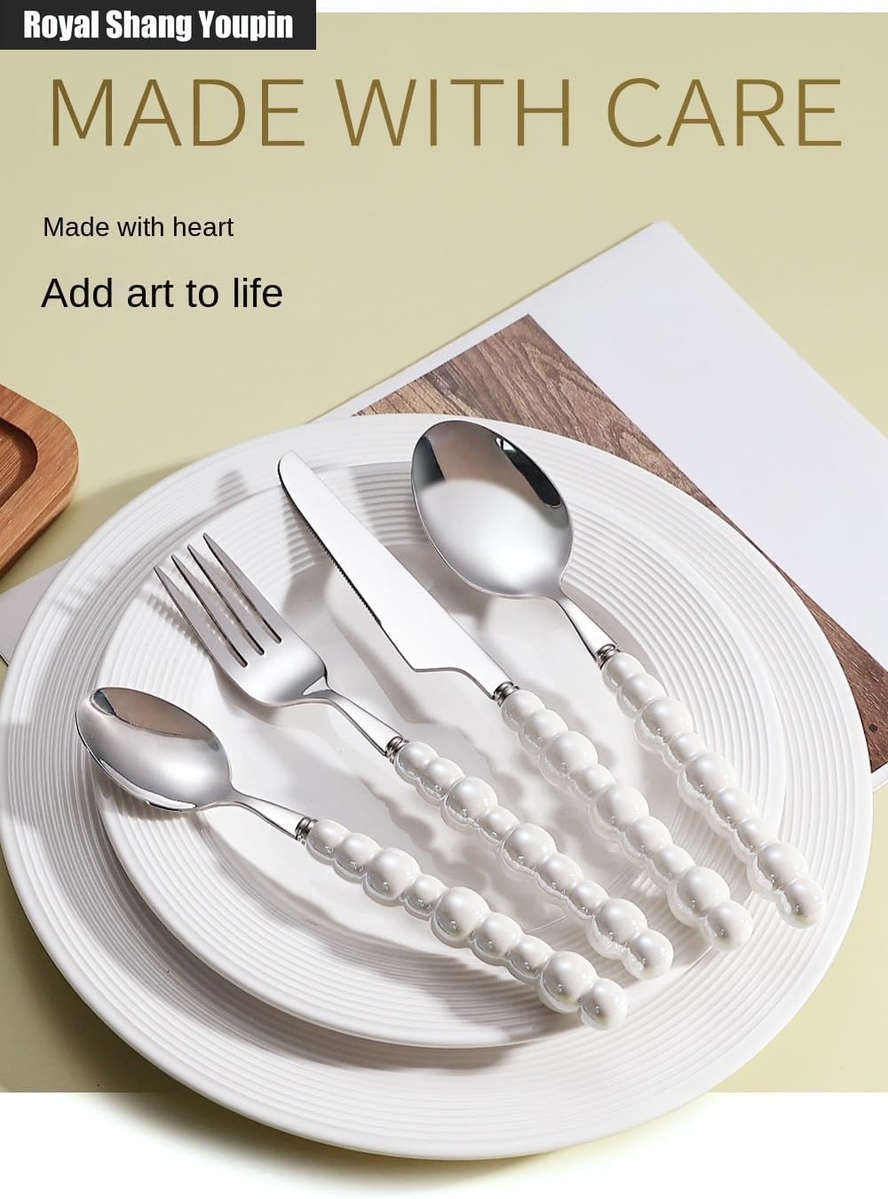 Pearl Ceramic Handle Kitchen Stainless Steel Silverware Tableware Flatware Cutlery Set Creative Hotel Home Steak Knife Dessert Spoon (Yellow,4 pieces)
