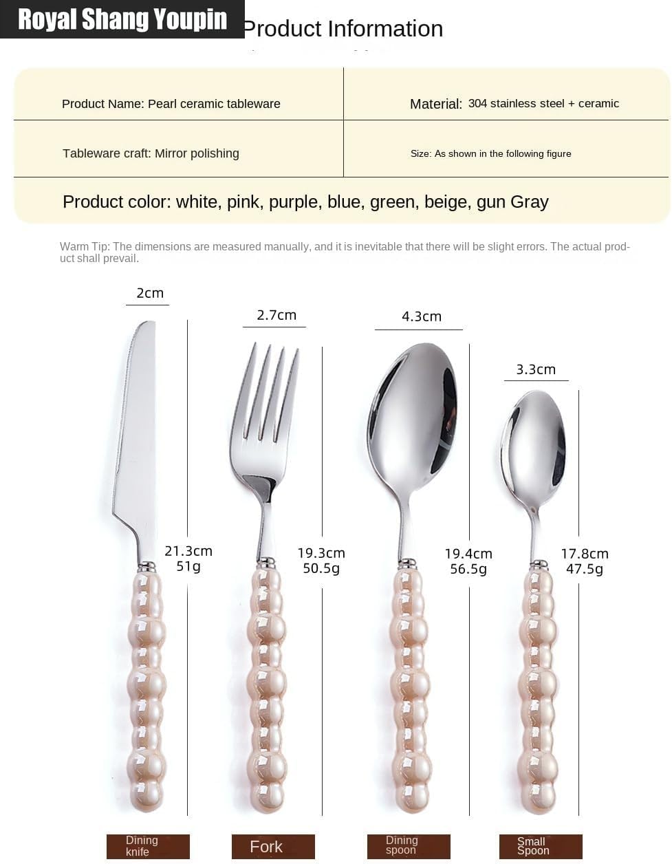 Pearl Ceramic Handle Kitchen Stainless Steel Silverware Tableware Flatware Cutlery Set Creative Hotel Home Steak Knife Dessert Spoon (Yellow,4 pieces)