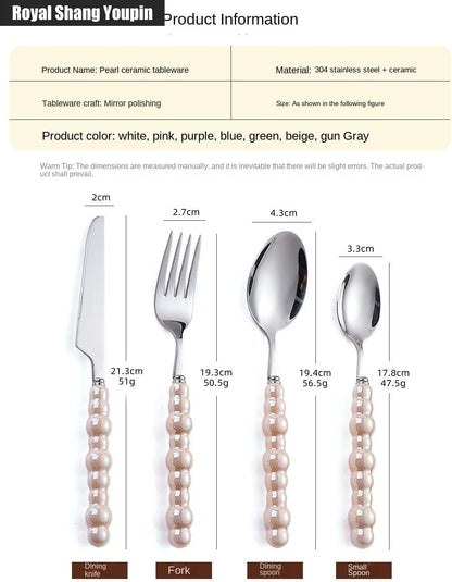 Pearl Ceramic Handle Kitchen Stainless Steel Silverware Tableware Flatware Cutlery Set Creative Hotel Home Steak Knife Dessert Spoon (Yellow,4 pieces)