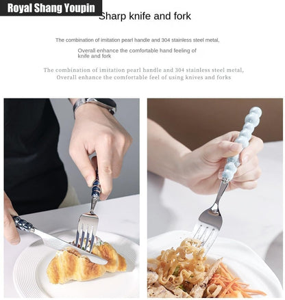 Pearl Ceramic Handle Kitchen Stainless Steel Silverware Tableware Flatware Cutlery Set Creative Hotel Home Steak Knife Dessert Spoon (Yellow,4 pieces)