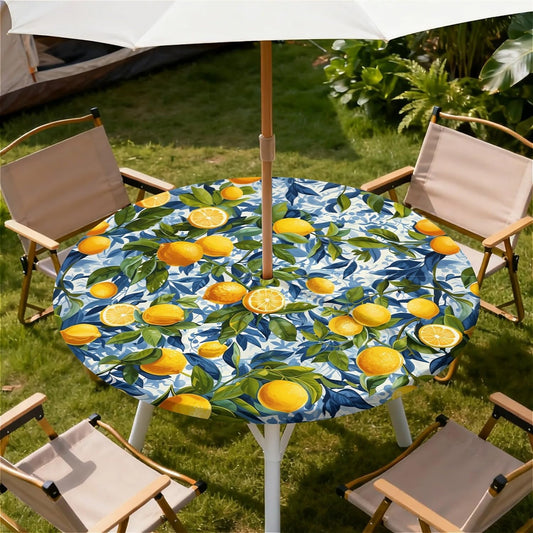Round Outdoor Tablecloth with Umbrella Hole, Zippered Fitted Waterproof Tablecover with Elastic Edge Fits 49"-52" Round Tables for Patio Picnic Garden Camping Party, Lemon Grove Pattern
