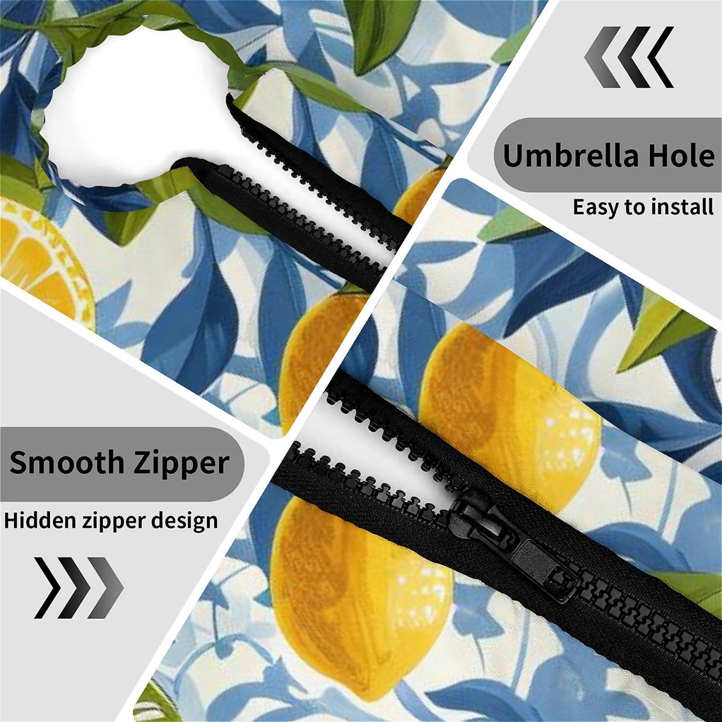 Round Outdoor Tablecloth with Umbrella Hole, Zippered Fitted Waterproof Tablecover with Elastic Edge Fits 49"-52" Round Tables for Patio Picnic Garden Camping Party, Lemon Grove Pattern