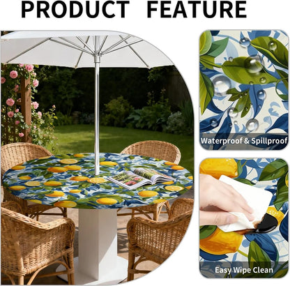 Round Outdoor Tablecloth with Umbrella Hole, Zippered Fitted Waterproof Tablecover with Elastic Edge Fits 49"-52" Round Tables for Patio Picnic Garden Camping Party, Lemon Grove Pattern