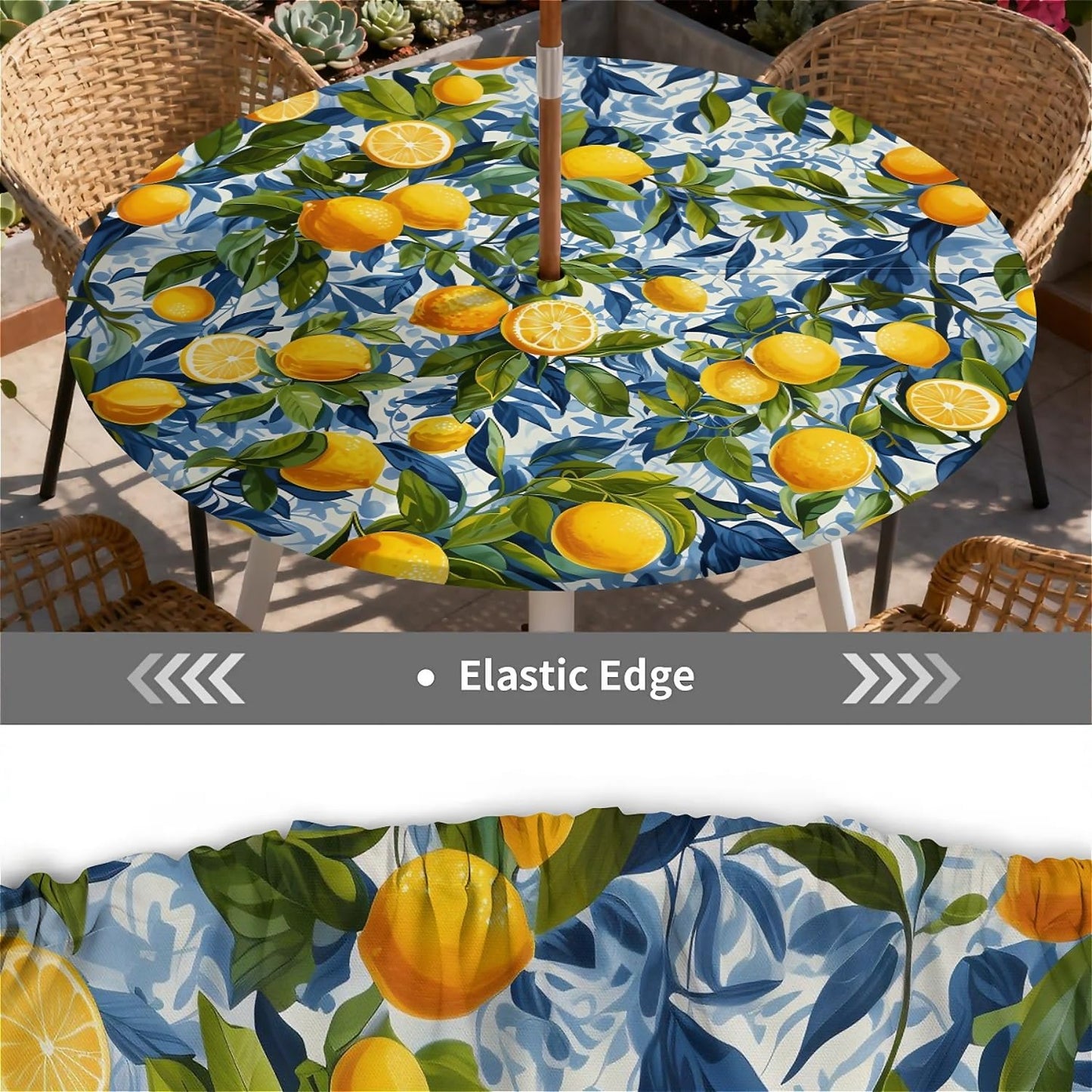 Round Outdoor Tablecloth with Umbrella Hole, Zippered Fitted Waterproof Tablecover with Elastic Edge Fits 49"-52" Round Tables for Patio Picnic Garden Camping Party, Lemon Grove Pattern